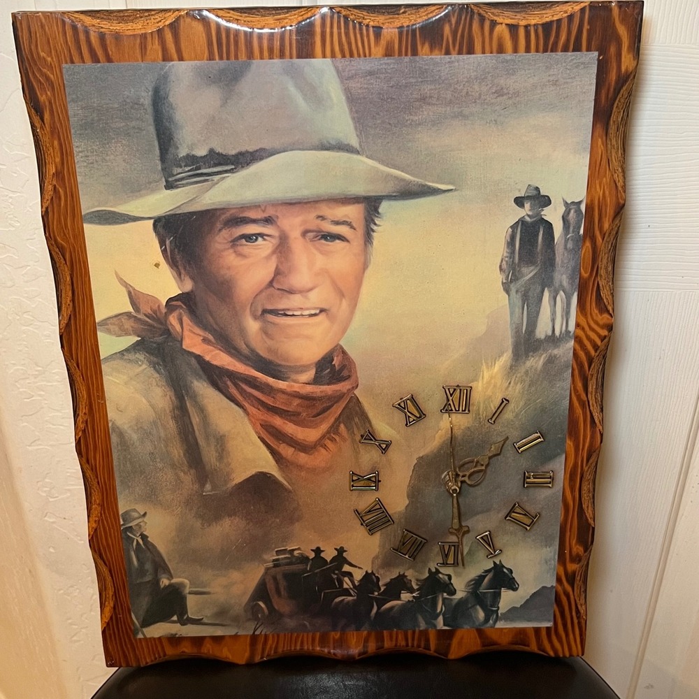 Vintage John Wayne Wood Wall Clock Western Decor The Duke Americana 19x15‎